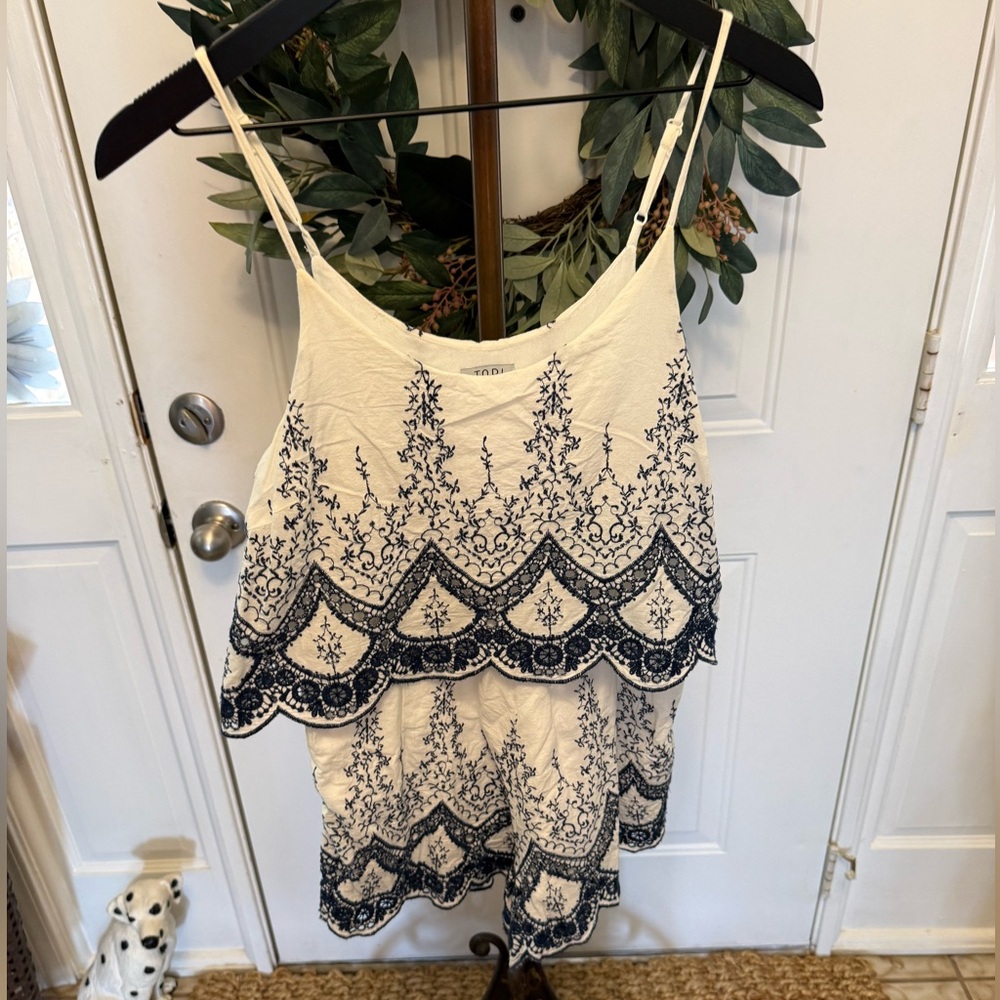 Tobi Cosette Blue & White Heavily Embroidered Floral Tiered Romper M